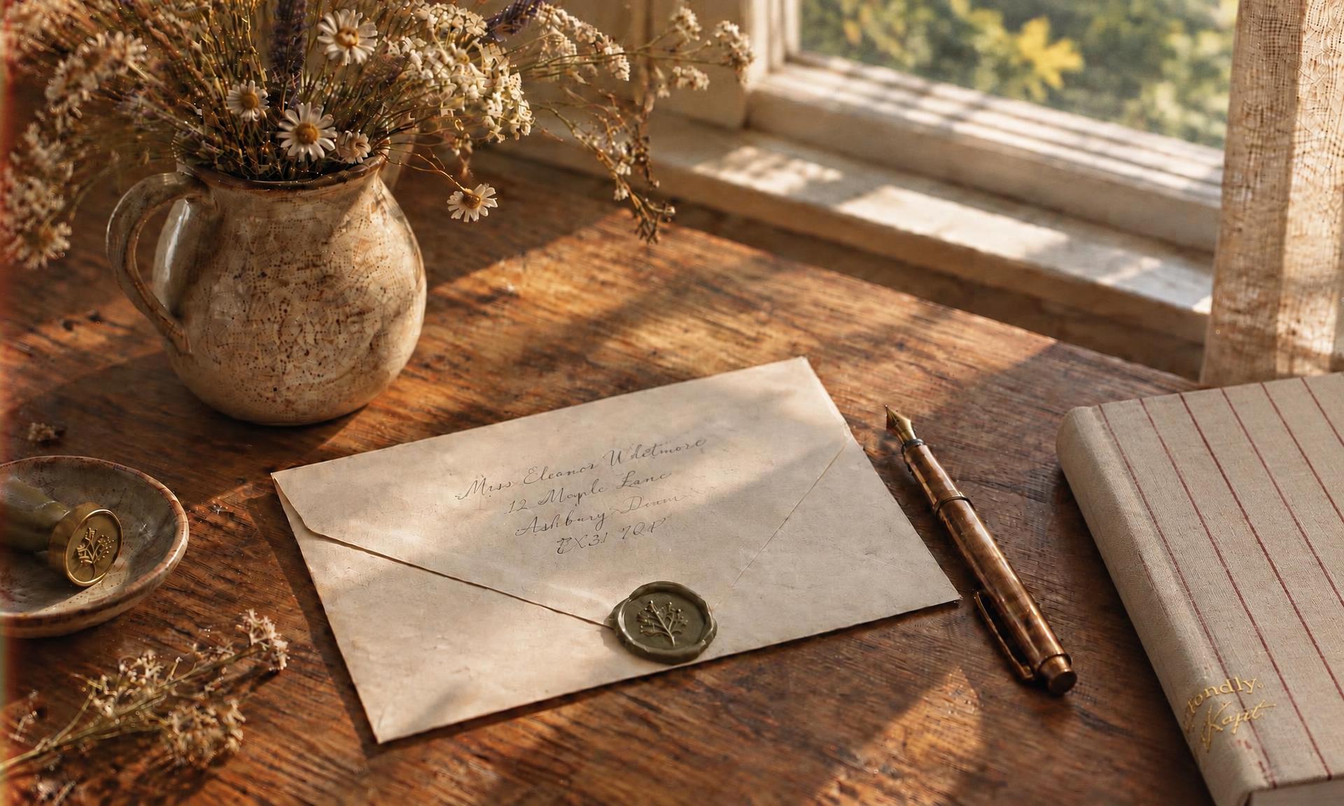 A handwritten envelope sealed with sage wax, beside a fountain pen and dried flowers on an oak table