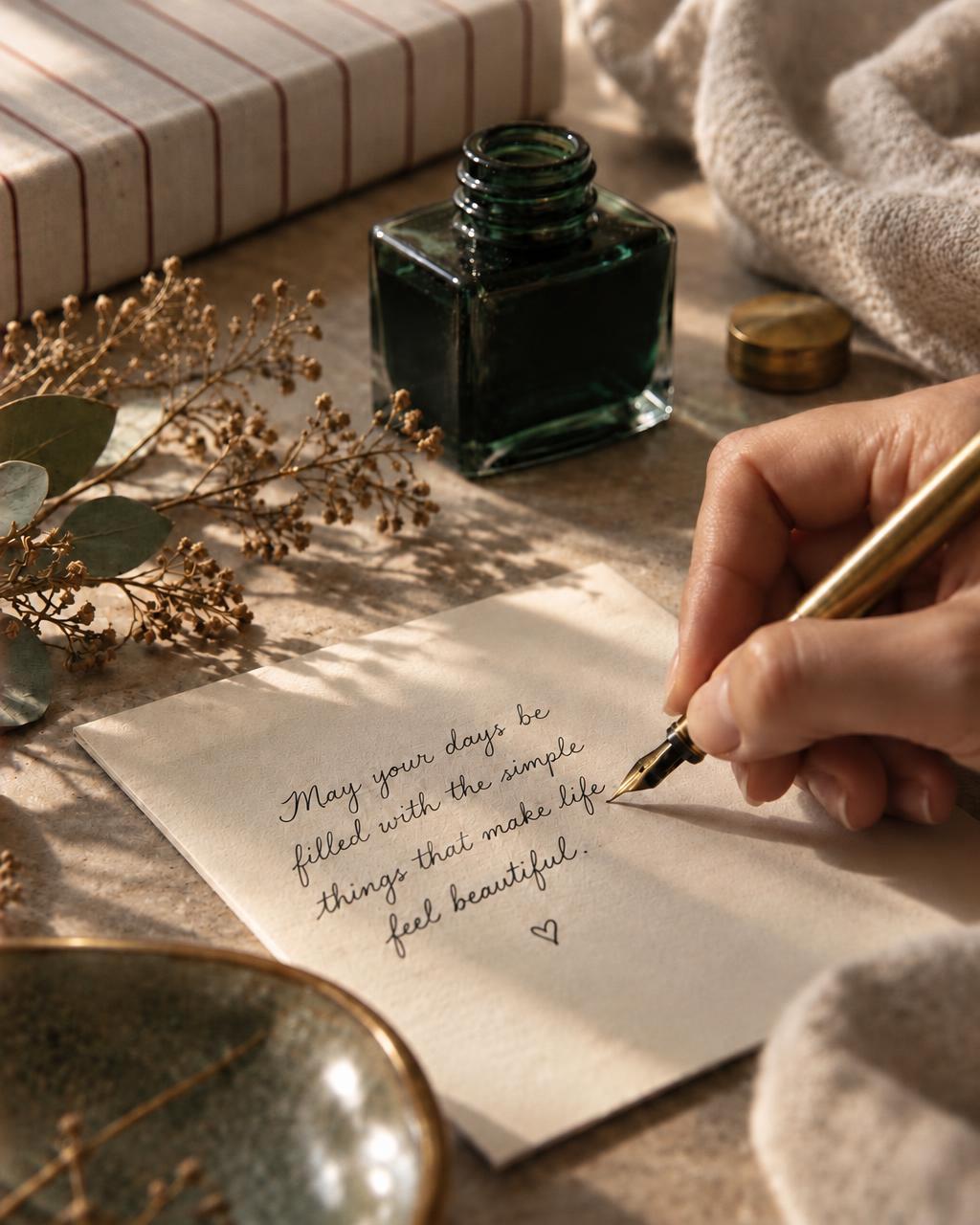 A hand writing a card with a brass fountain pen