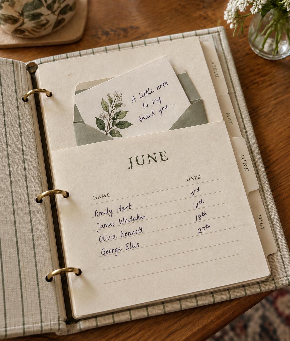A paper month pocket holding a handwritten card, with names and dates written in