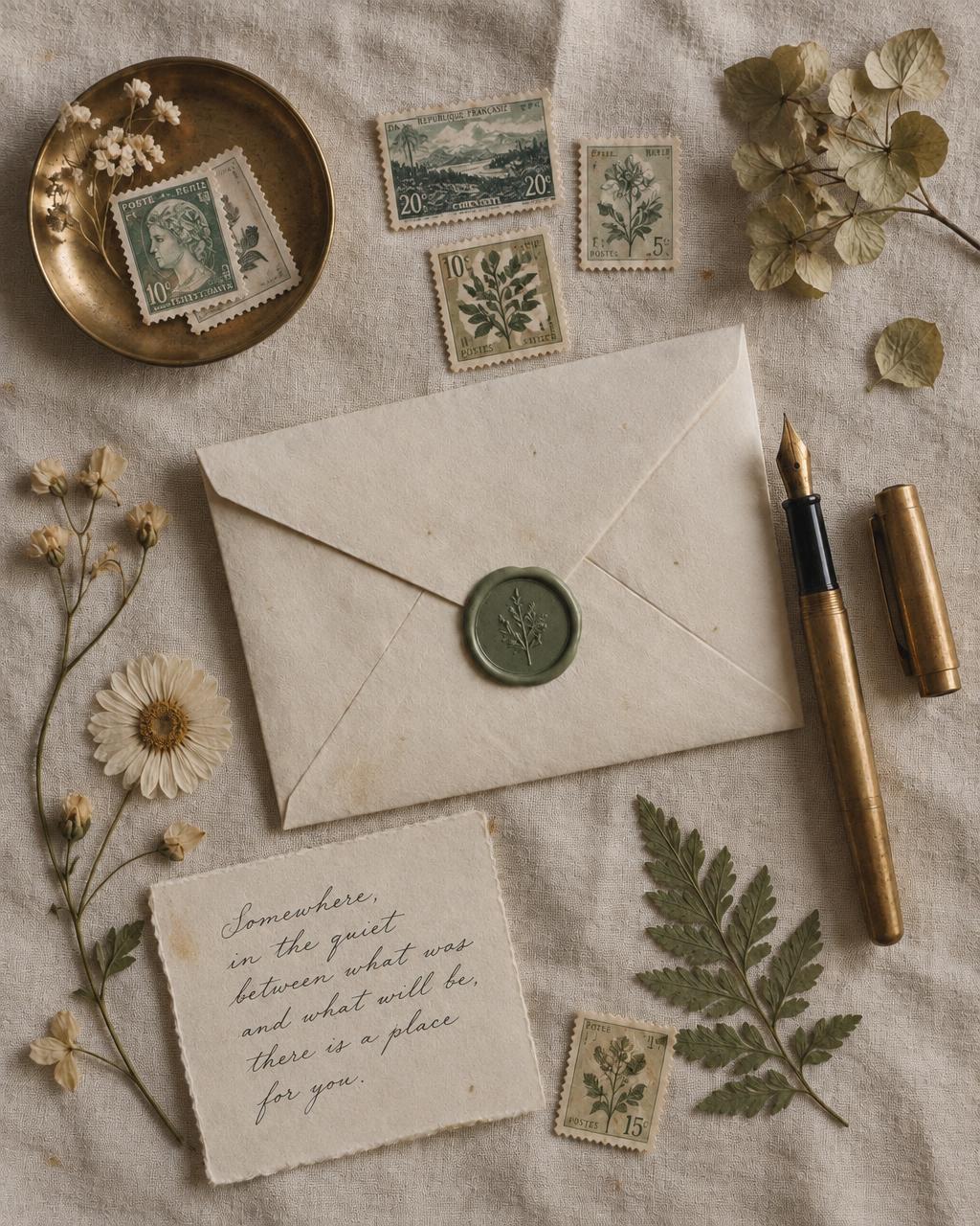 Vintage stamps, a sealed envelope and dried flowers on cream linen